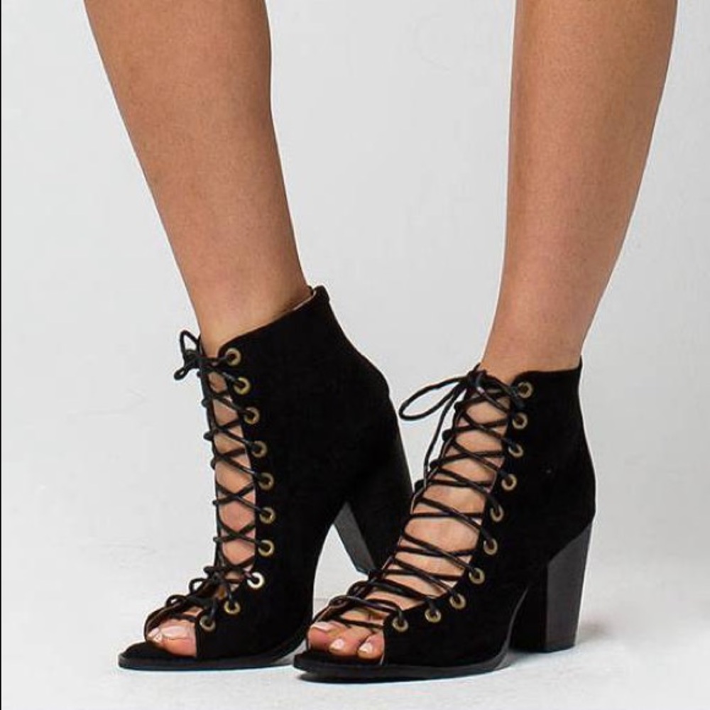 Yoki Brie Black Faux Suede Lace Up Bootie